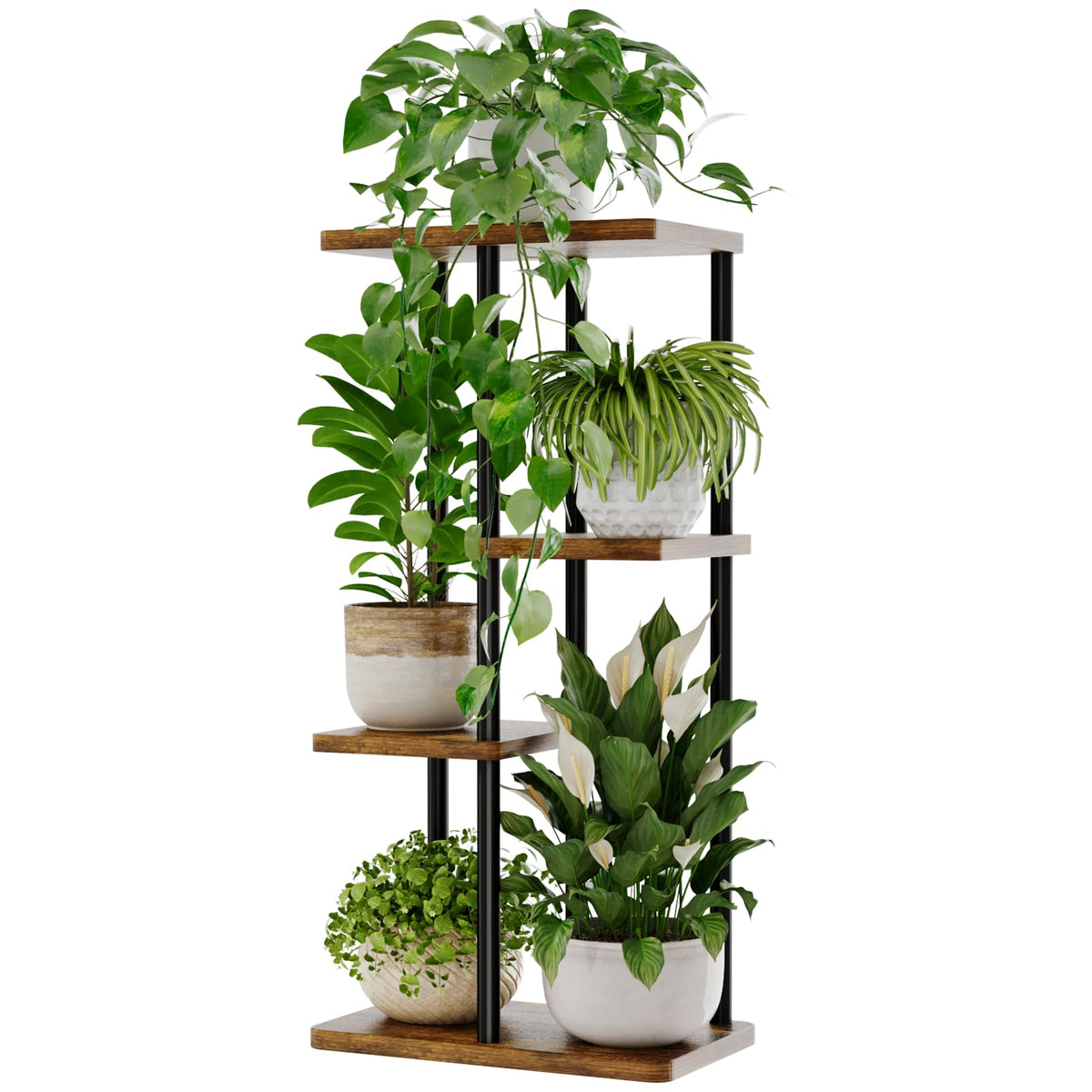Bamworld Pflanzenständer Indoor Metall Pflanzenregal Outdoor Schwarz Pflanzenhalter 4 Etagen 5 Topf für mehrere Pflanzen Eckpflanzentisch für Terrasse Garten Balkon Wohnzimmer（39x23x78cm）