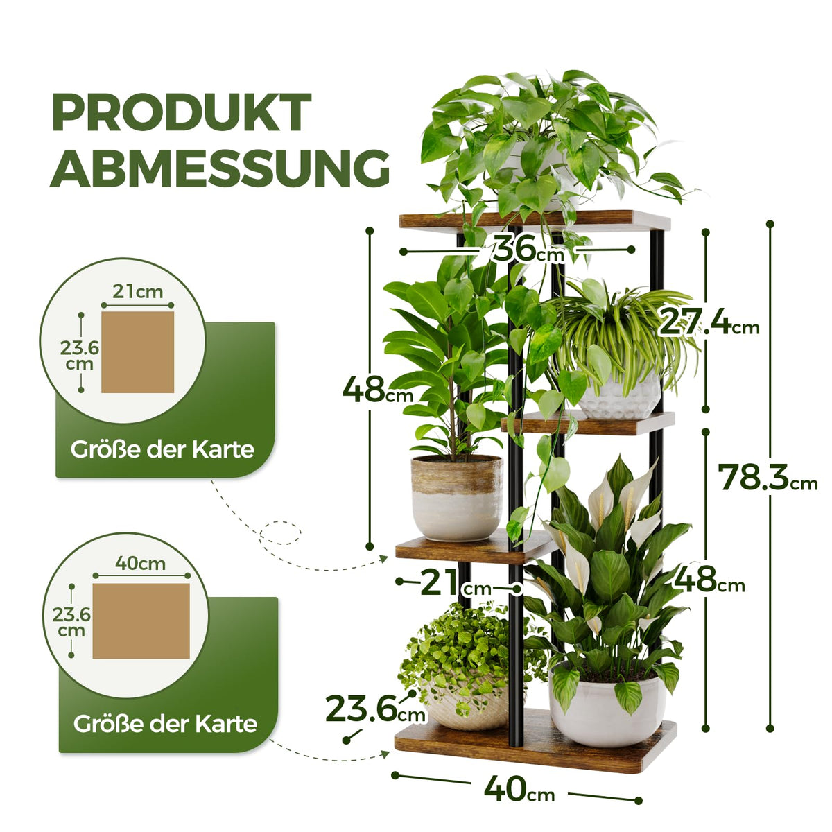 Bamworld Pflanzenständer Indoor Metall Pflanzenregal Outdoor Schwarz Pflanzenhalter 4 Etagen 5 Topf für mehrere Pflanzen Eckpflanzentisch für Terrasse Garten Balkon Wohnzimmer（39x23x78cm）